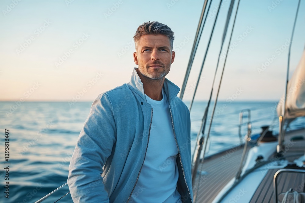 Fototapeta premium Confident mature man sailing on a yacht, enjoying adventure and freedom. Active senior lifestyle.