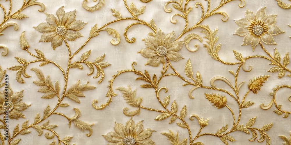 Softly lit cream-colored velvet fabric with intricate gold embroidery and delicate floral patterns, flowers, texture Softly lit cream-colored velvet fabric with intricate gold embroidery and delicate floral patterns, flowers, texture