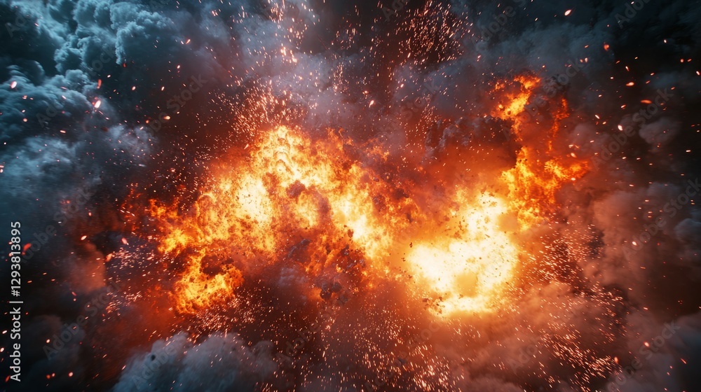 Intense Explosion with Fire and Smoke in Dramatic Atmosphere Intense Explosion with Fire and Smoke in Dramatic Atmosphere