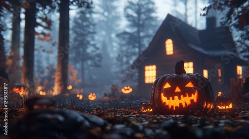 Wallpaper Mural Halloween 3D background Concept: evil pumpkins and haunted house. Spooky scary Dark Night forest. Perfect for October holiday event, festive banner, computer desktop, marketing advertising. copy space Torontodigital.ca