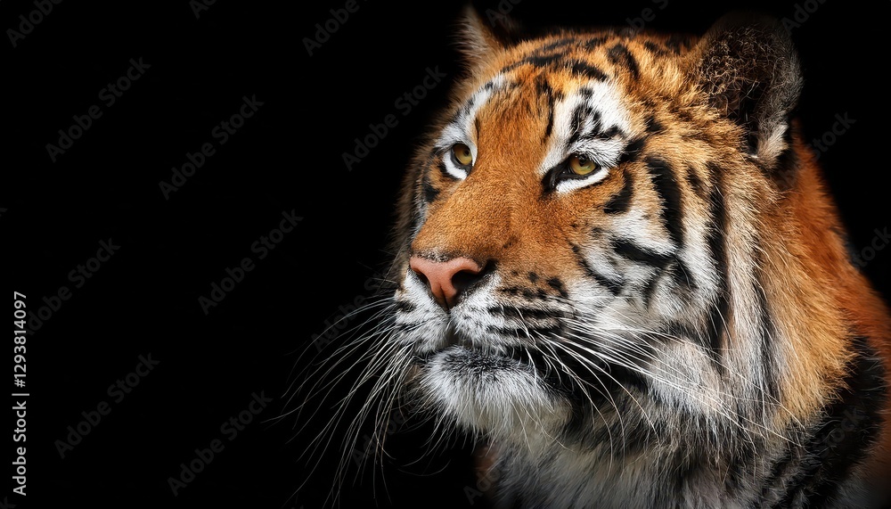 Fototapeta premium Powerful Portrait of a Tiger with Intense Gaze against a Majestic Black Backdrop, Evoking Strength and Mystique in a Striking Contrast.