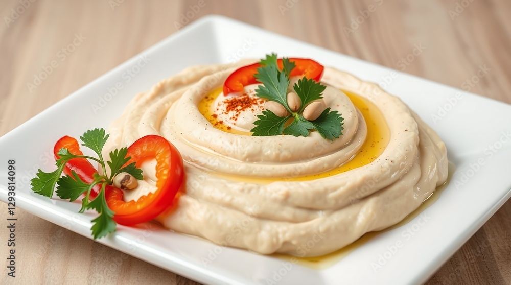 A square white plate presents a refined arrangement of classic hummus. A square white plate presents a refined arrangement of classic hummus.