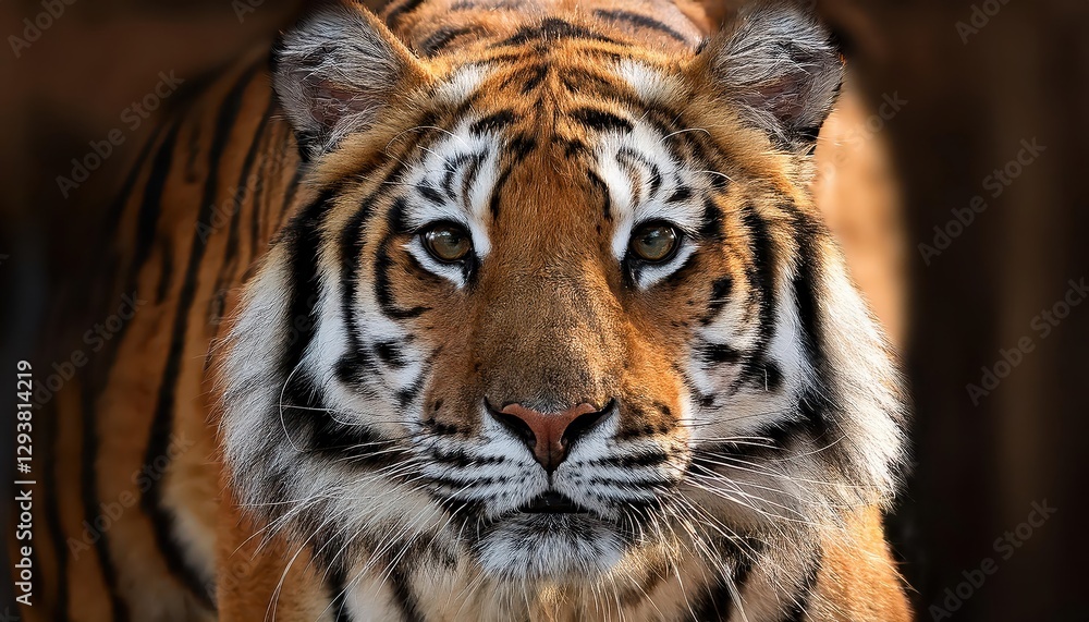 Naklejka premium Vigilant Striped Majesty A Vivid Portrayal of a Bengal Tiger, Captured in the Wilderness at Midday, Displaying Intricate Patterns and Rich Textures against a Lush Jungle Backdrop, Radiating