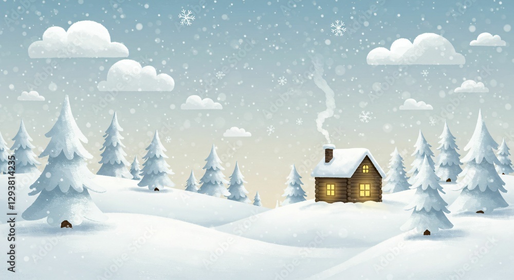 Charming winter landscape illustration with snowy trees and cabin. Charming winter landscape illustration with snowy trees and cabin.