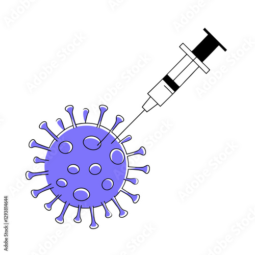 Vector illustration of a syringe injecting a virus, symbolizing vaccination, immunity, and disease prevention. Simple medical concept in a flat design.