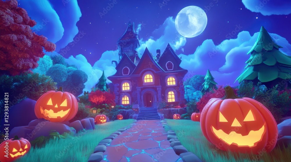 Fototapeta premium Halloween 3D background Concept: evil pumpkins and haunted house. Spooky scary Dark Night forest. Perfect for October holiday event, festive banner, computer desktop, marketing advertising. copy space