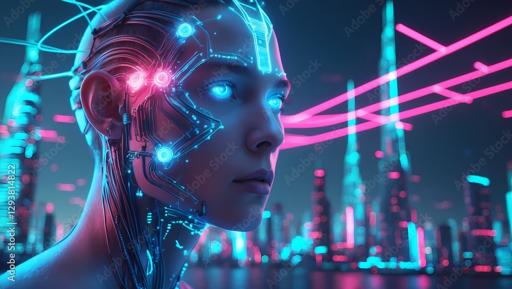 Cyber-enhanced human, glowing circuits tracing their skin, immersed in an electric-blue data stream, surrounded by floating holograms and virtual cityscapes, radiating cognitive evolution. Cyber-enhanced human, glowing circuits tracing their skin, immersed in an electric-blue data stream, surrounded by floating holograms and virtual cityscapes, radiating cognitive evolution.