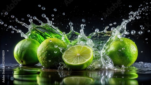 Fresh green limes submerged in water droplets on a dark black background, with ripples and movement creating a sense of depth and texture, vibrant, black background