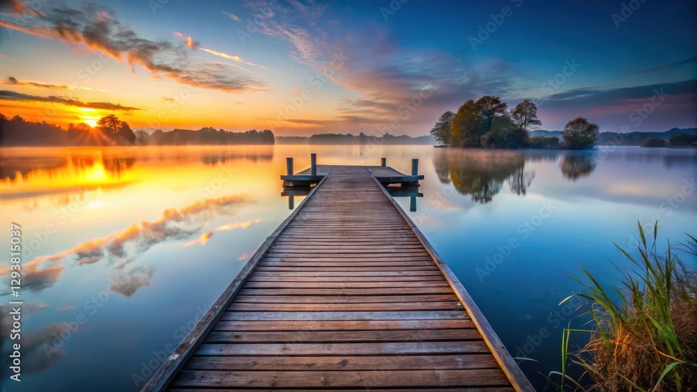 Obraz premium Wooden pier over calm lake at sunrise, nature photography