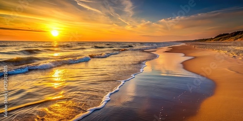 Fototapeta Naklejka Na Ścianę i Meble -  A serene amber glow radiates across a vast expanse of sandy beach by the Baltic Sea at dusk, with soft waves gently lapping against the shore , sand, sunset