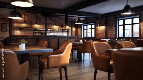 Wallpaper Mural Modern restaurant interior with wooden tables and leather chairs, showcasing a cozy atmosphere Torontodigital.ca