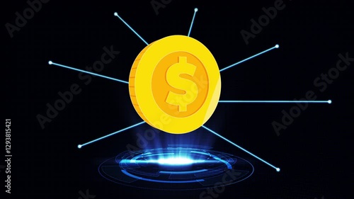 Seamless Loop 2D Coin Rotation 360 Degree in Digital Technology Futuristic Hud Network Connection Background