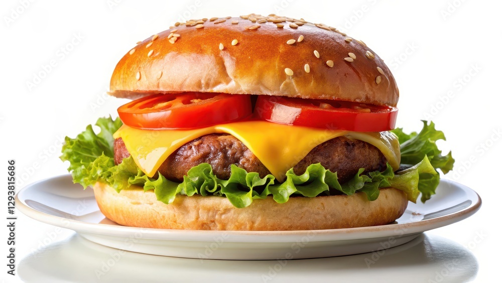 Juicy beef patty on toasted bun with melted cheese and fresh lettuce and tomato on a white plate isolated on transparent background Juicy beef patty on toasted bun with melted cheese and fresh lettuce and tomato on a white plate isolated on transparent background