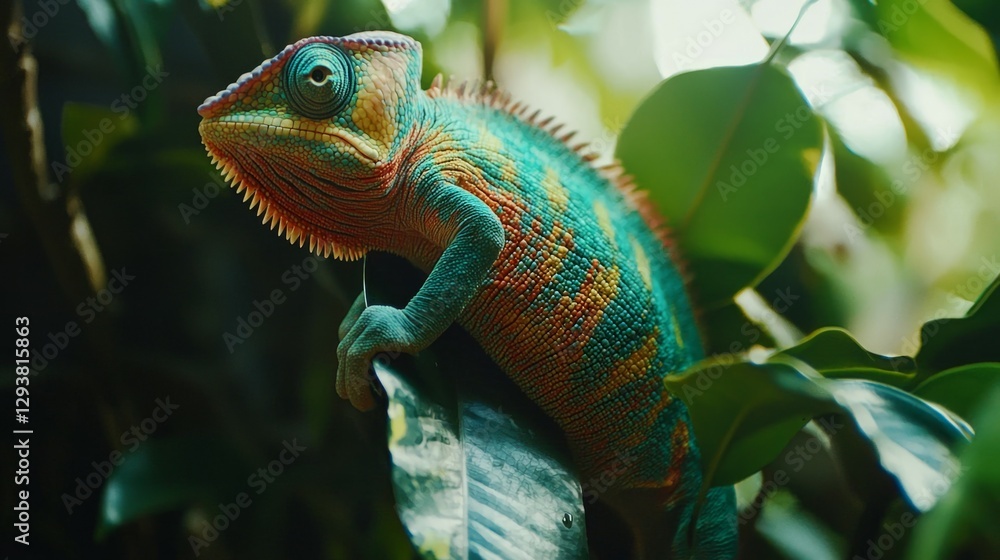Fototapeta premium Vibrant Chameleon Perched on Green Leaf in Tropical Habitat