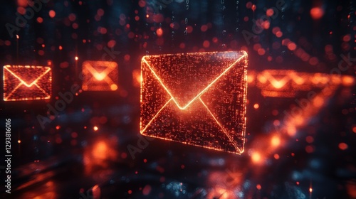 Glowing Envelopes Float in a Dark Digital Environment, Illuminated by a Warning Icon