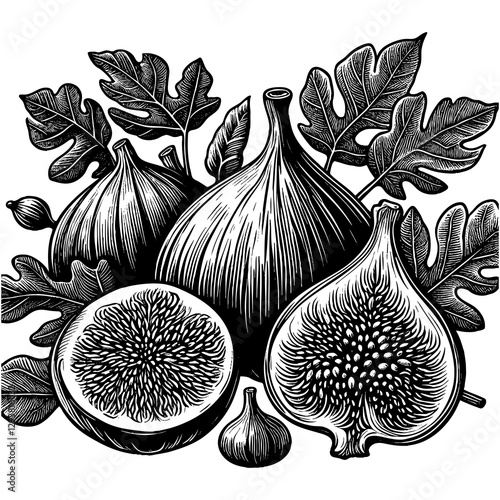 whole and sliced fig fruit with leaves, showcasing botanical beauty and natural texture engraving generative ai sketch PNG illustration