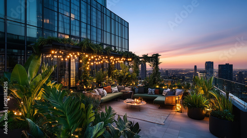 A luxurious rooftop oasis filled with exotic plants, twinkling fairy lights, and a cozy seating area overlooking a sprawling urban skyline