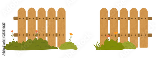 Wooden Garden Fence - Rustic Picket Fence with Grass and Flowers