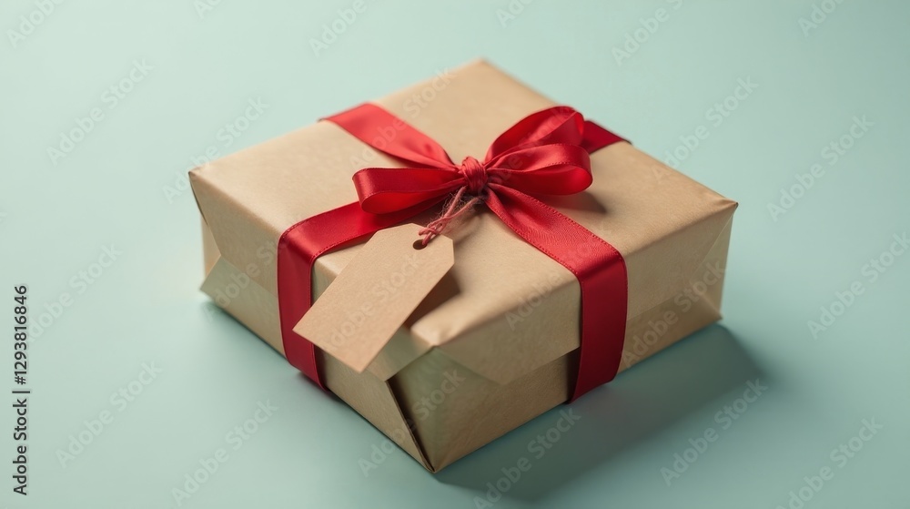 A thoughtfully wrapped gift box, adorned with a crimson ribbon and a blank tag, rests on a serene pastel background, conveying a message of anticipation and heartfelt sentiment. A thoughtfully wrapped gift box, adorned with a crimson ribbon and a blank tag, rests on a serene pastel background, conveying a message of anticipation and heartfelt sentiment.