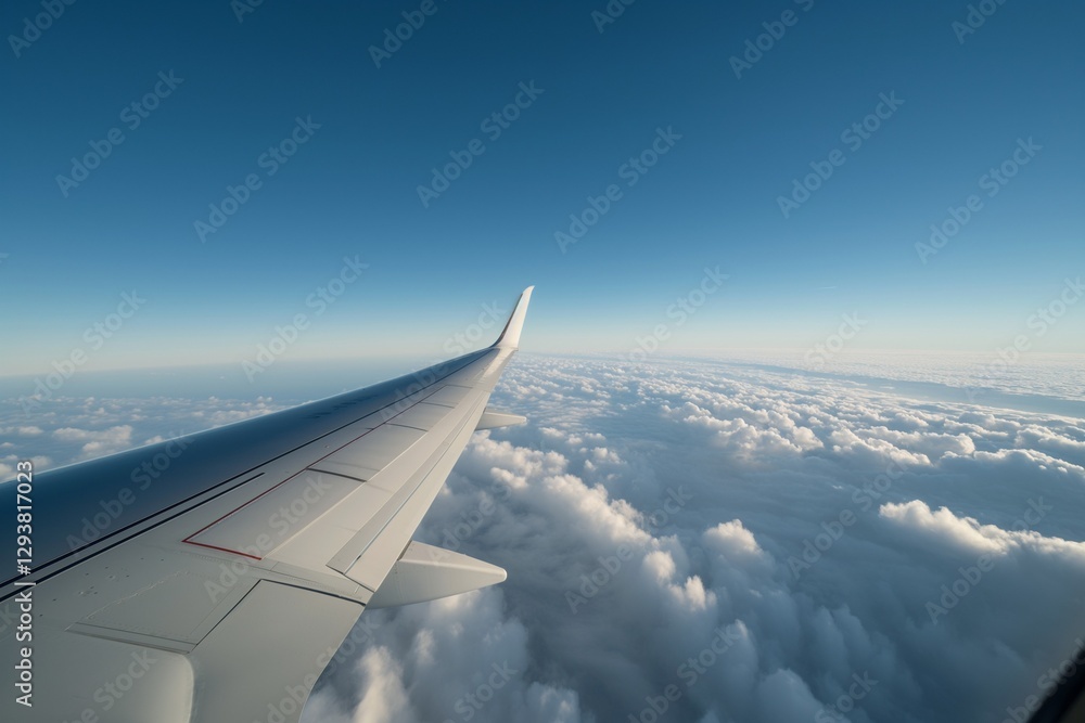 Top-down view of jet wing slicing through cloud sky background
Top-down view of jet wing slicing through cloud sky background