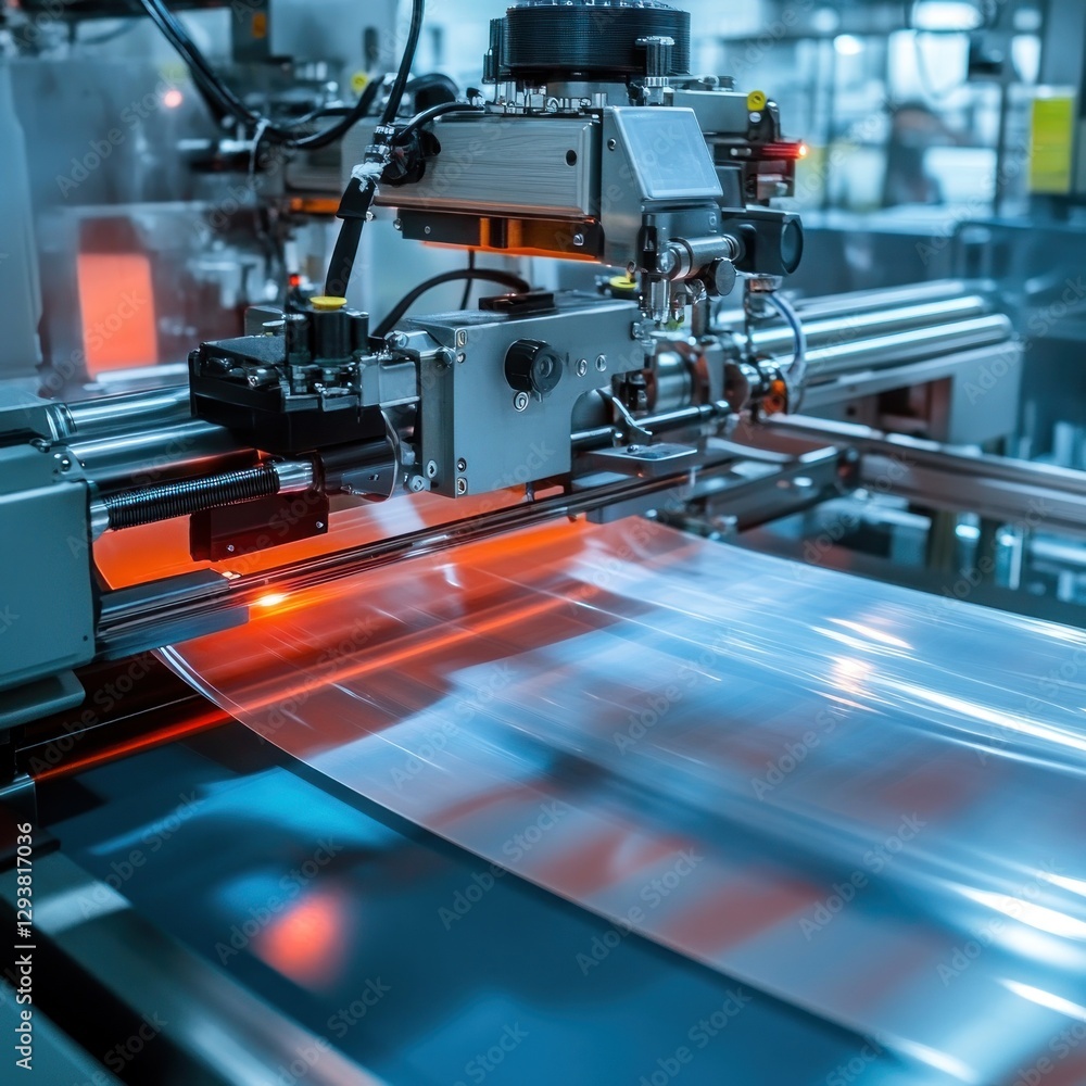 Automated plastic film printing process in a factory Automated plastic film printing process in a factory