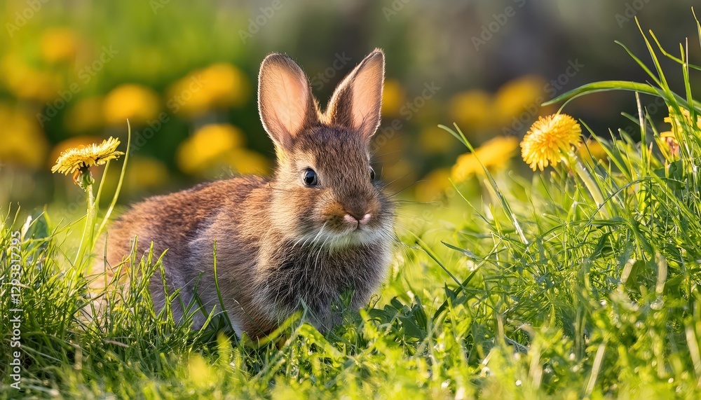 Fototapeta premium Adorable Baby Rabbit Frolicking in Springtime Meadow of Bavaria, Germany at Dusk, Capturing the Essence of Pastoral Tranquility and Joy.