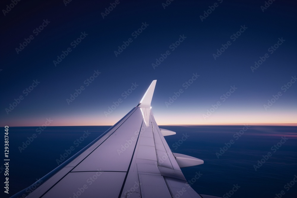 Obraz premium Jet wing illuminated by flashing wingtip strobes, long exposure against indigo night sky