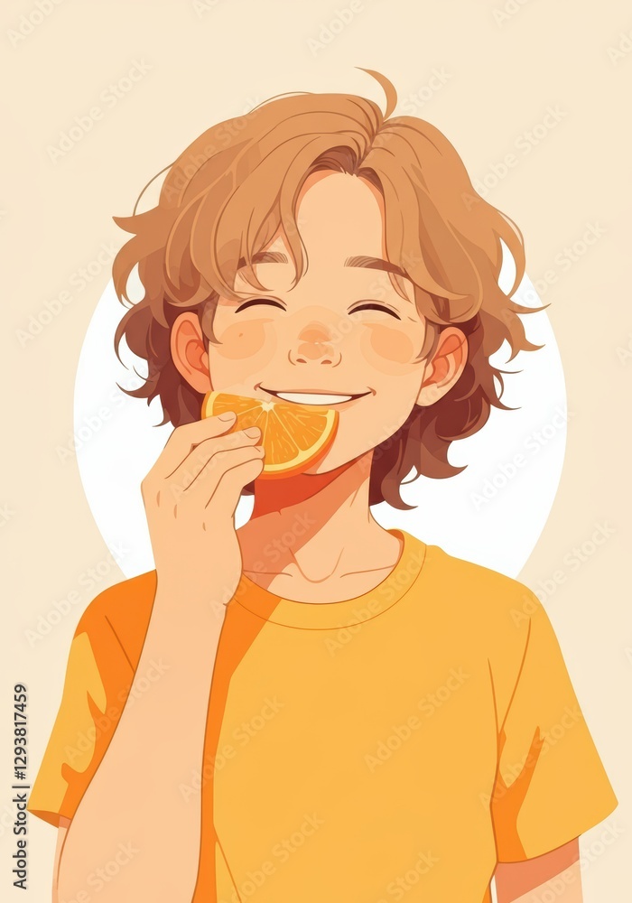 Happy child enjoying a slice of orange, radiating joy and freshness Happy child enjoying a slice of orange, radiating joy and freshness