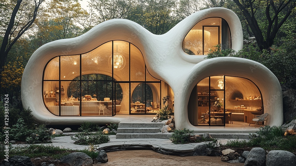Fototapeta premium Whimsical organic architecture creates a unique dwelling with spacious glass windows in a serene, natural setting. Modern cave design.