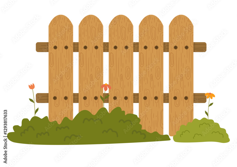 Obraz premium Wooden Garden Fence Set - Rustic Picket Fence with Grass and Flowers