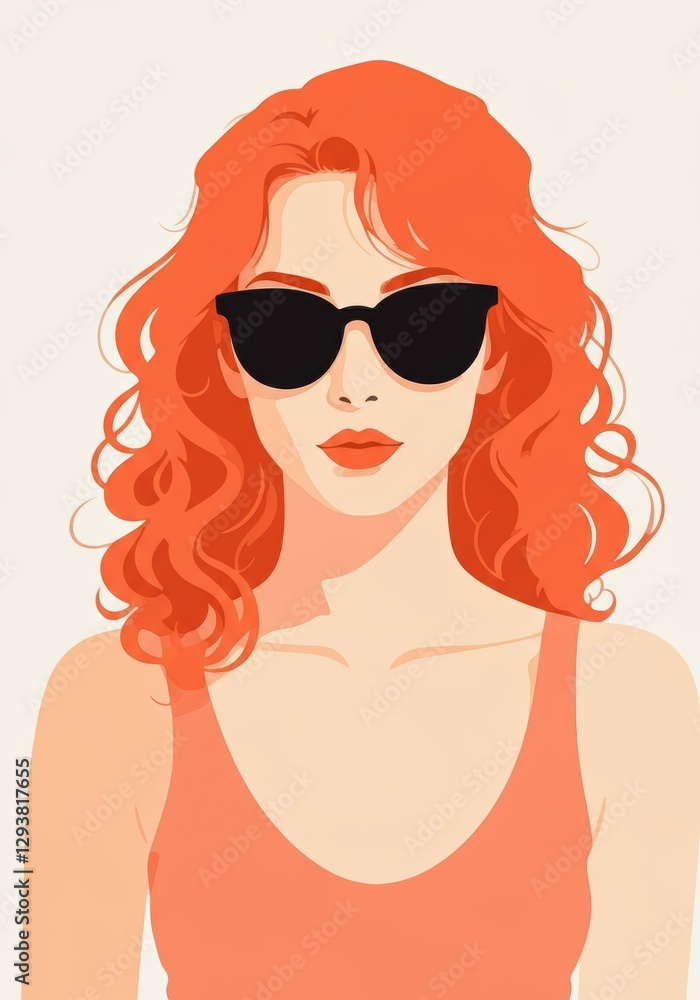 Stylish woman with curly red hair wearing sunglasses, exuding confidence Stylish woman with curly red hair wearing sunglasses, exuding confidence
