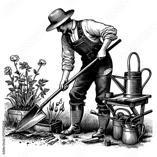gardener tending to a flower garden, surrounded by plants, tools, and watering cans engraving generative ai sketch PNG illustration