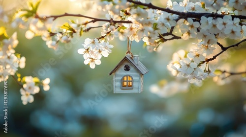 Wallpaper Mural Soft white cherry blossoms frame a charming house symbol hanging gracefully from a branch, creating a tranquil and peaceful atmosphere in a beautiful garden Torontodigital.ca