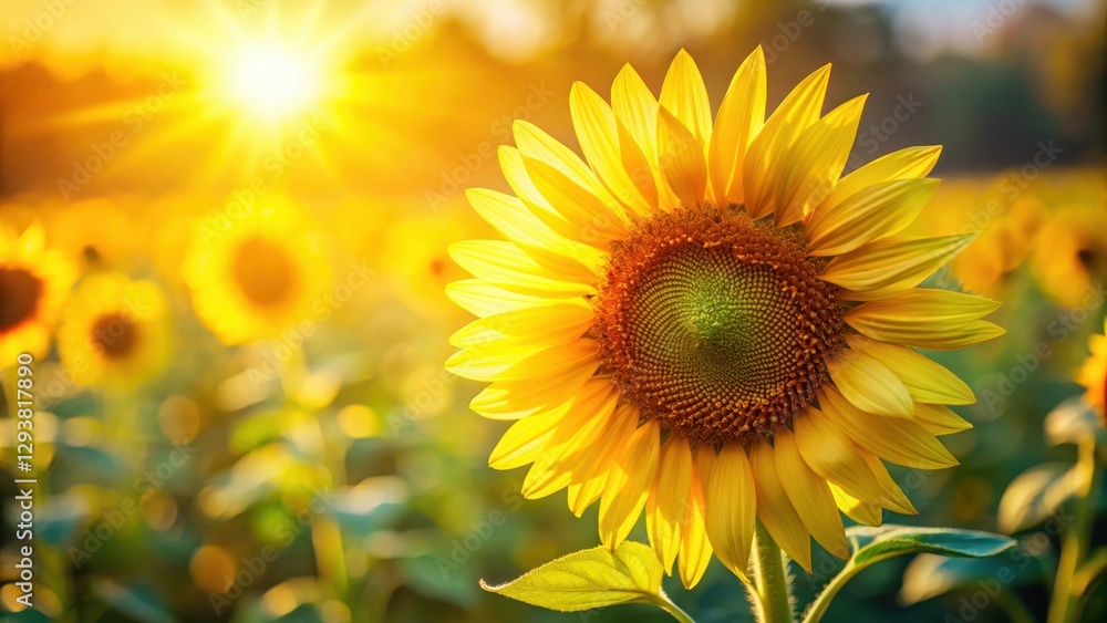 Obraz premium A bright yellow sunflower blooms in the morning sunlight, its petals unfolding like a warm smile, flowers