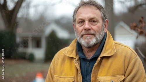 Mature man, serious expression, suburban background, winter day, portrait