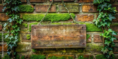 Weathered wooden plaque with ancient script hanging on ivy-covered brick wall, adorned with moss and lichen, evoking a sense of timeless wisdom , ivy covered, natural photo