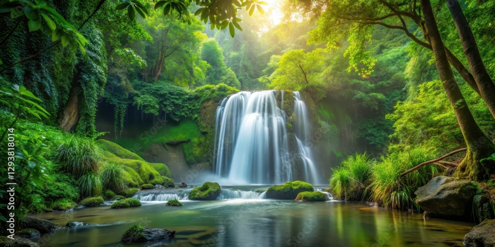 waterfall flowing through dense foliage, forest floor waterfall flowing through dense foliage, forest floor