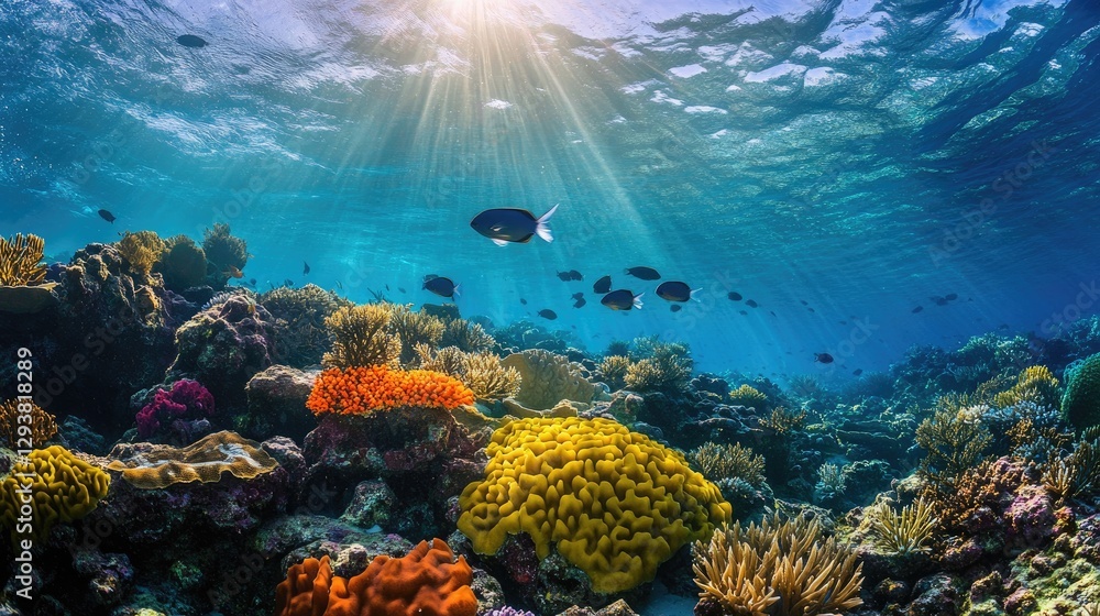 Obraz premium The Great Barrier Reef, home to diverse marine life, exemplifies conservation work through research, marine sanctuaries, and global efforts to preserve its beauty