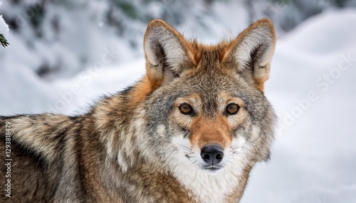 Coyote Portrait in Snowy Winter Landscape Majestic Wildlife against a Blanket of Fresh White Snow, Capturing the Tranquility and Resilience of Natures Survivor.