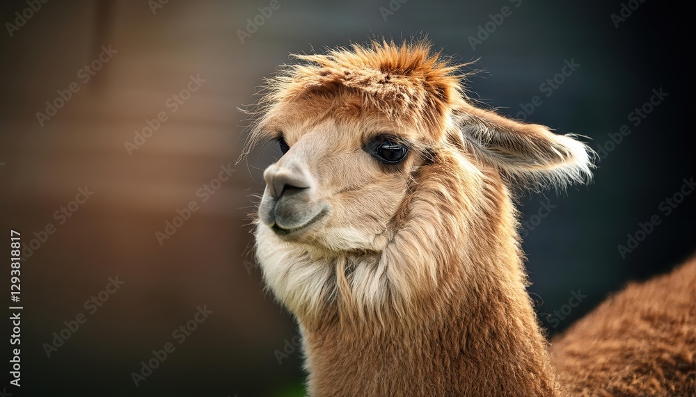 Fototapeta premium Adorable Alpaca Llama Portrait in Highland Scene, Soft Fur Coat Against a Backdrop of Mountains and Pasture, Radiating a Calm yet Playful Mood.