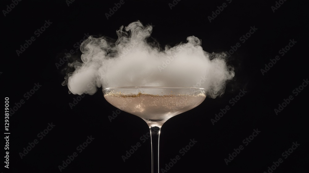 A luxurious high-end cocktail with gold flakes and dry ice, creating a mystical smoking effect, A luxurious high-end cocktail with gold flakes and dry ice, creating a mystical smoking effect,