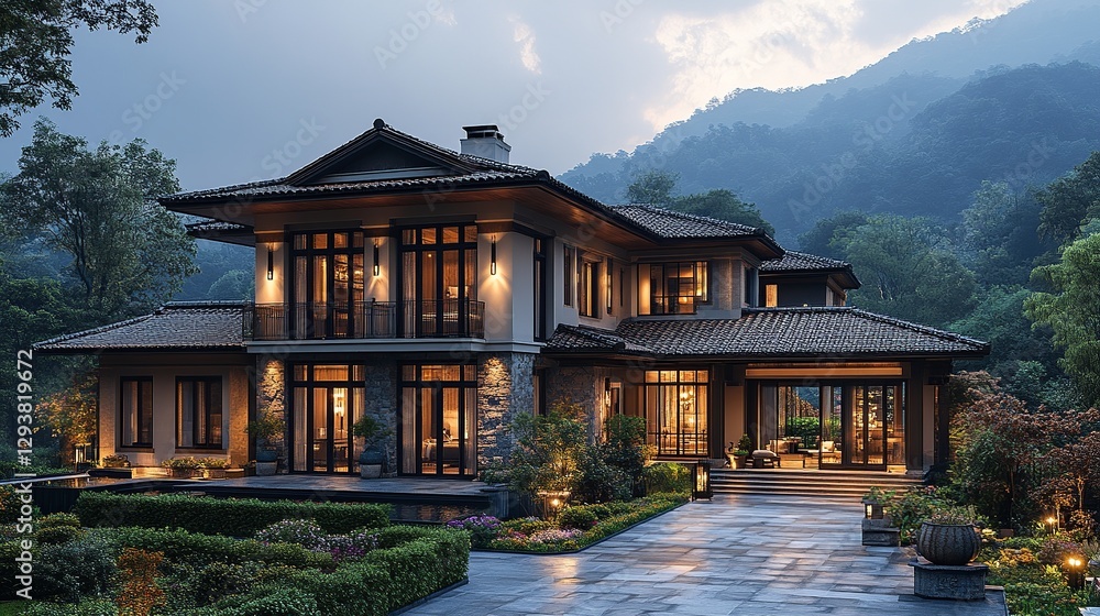 Elegant architecture meets nature in this stunning home, perfectly blending modern design with a serene mountainous backdrop. Elegant architecture meets nature in this stunning home, perfectly blending modern design with a serene mountainous backdrop.