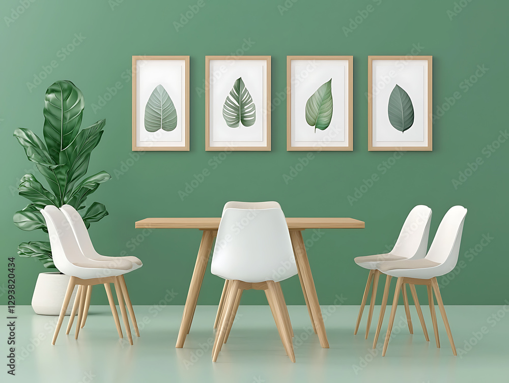 Fototapeta premium Modern dining table arrangement with leaf art indoor space digital image minimalist style