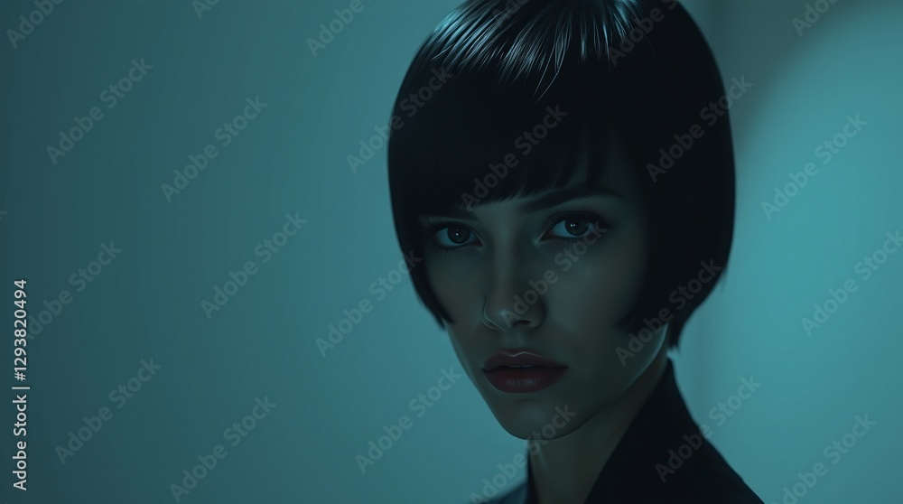 Large, grainy projection of a woman with jet-black short hair. Large, grainy projection of a woman with jet-black short hair.