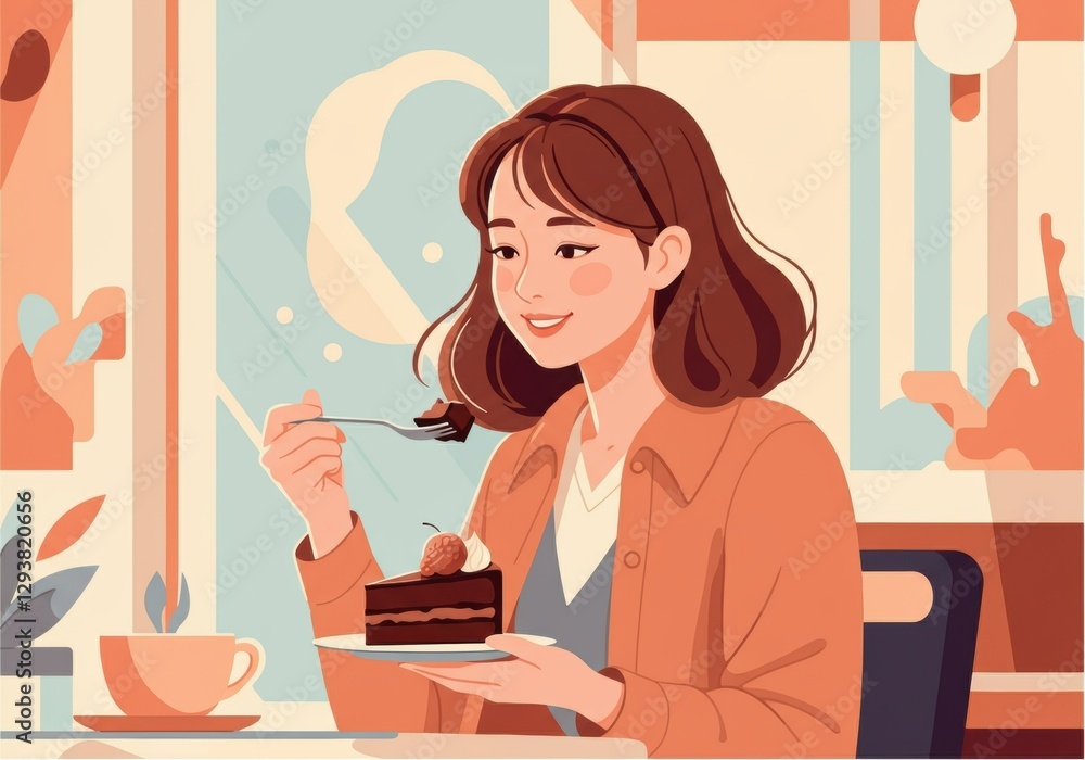 Woman enjoying a slice of chocolate cake in a cozy café setting Woman enjoying a slice of chocolate cake in a cozy café setting