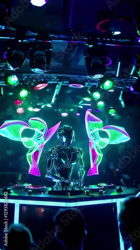 A robotic DJ captivates the audience with a lively set in a vibrant venue filled with colorful lights and energetic music, creating an unforgettable nightlife experience.
