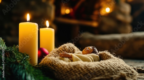 Christmas and Christianity religious tradition, warm candlelit church service, nativity scene with Jesus, peaceful and joyful