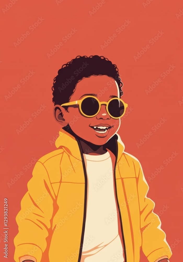Obraz premium Happy boy wearing sunglasses and a yellow jacket, smiling brightly