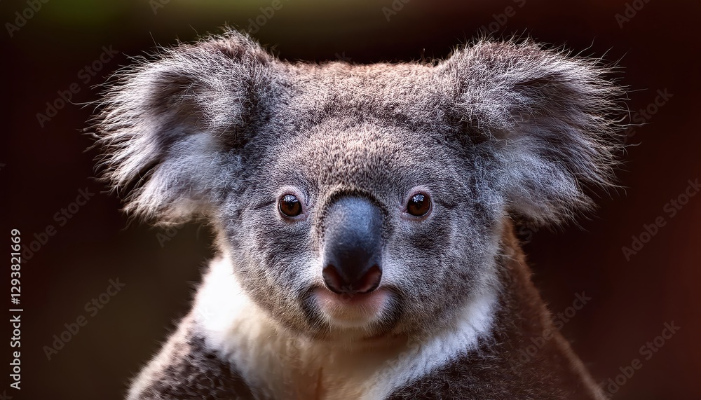 Naklejka premium Striking Portrait of Koala Phascolarctos cinereus Captured in Intimate Moment, Showcasing Genuine Connection and Furry Softness with Warm, Earthy Tones.