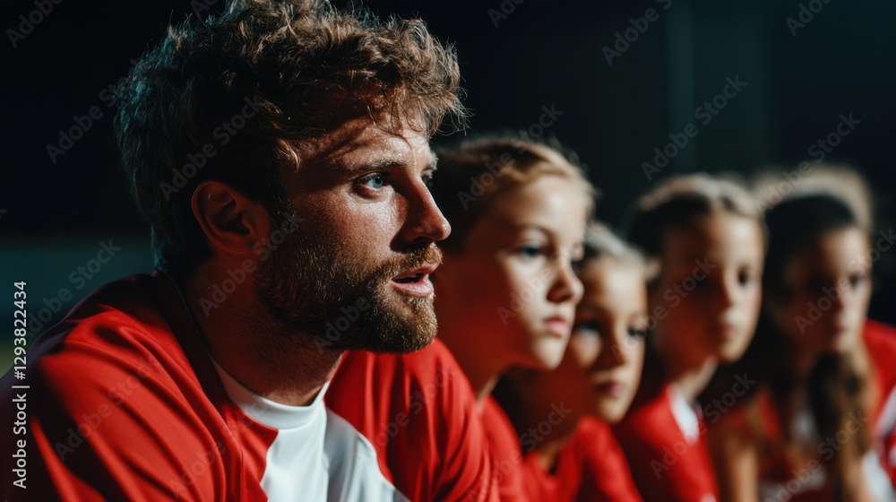 Fototapeta premium Coach giving inspirational talk to team, passionate expression, players listening with focus, pre-game energy, cinematic mood